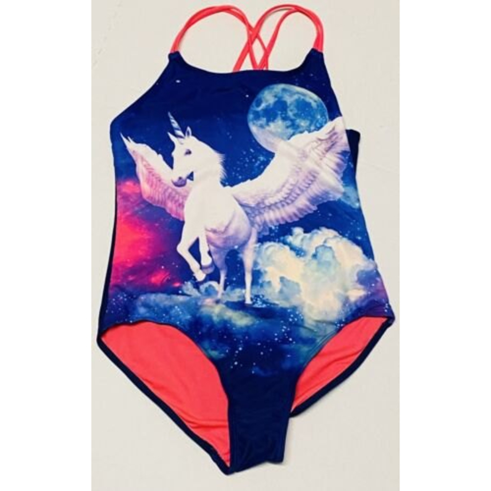 So Big Girls Youth Size 12P Plus Unicorn Swimsuit Pegasus Space Navy Coral